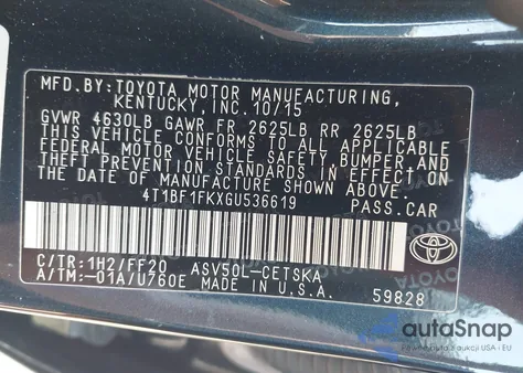 2016 Toyota Camry Se from USA, damaged, VIN 4T1BF1FKXGU536619